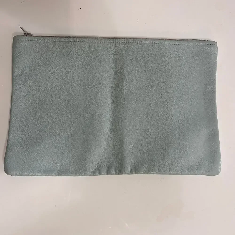 American Apparel 100% Leather Zip Pouch Clutch Blue Made in USA Minimalist